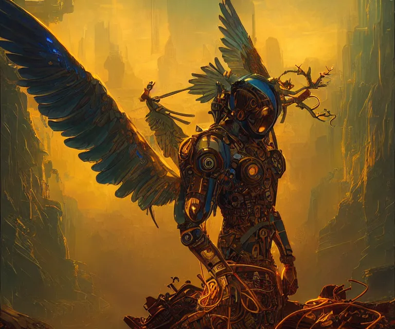 Image similar to a beautiful tarot card artwork of a cyberpunk seraphim in nature, backlit, highly detailed, golden hour, digital painting, by eddie mendoza and greg rutkowski and dan mumford and artgerm, vivid colors, masterpiece, detailed shading, 8 k resolution, intricate, smooth