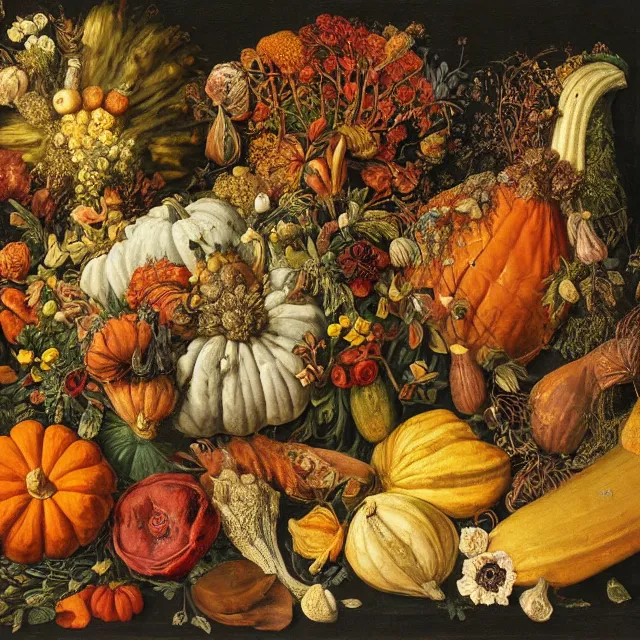 Prompt: victorian thanksgiving feast, flowers and gourds, black background, vanitas, still life by giuseppe arcimboldo, intricate high detail masterpiece