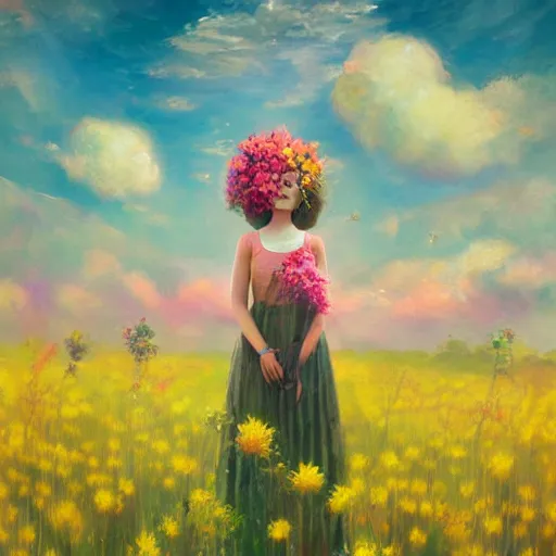 Image similar to girl with a blooming flower head, surreal photography, dream, standing in flower field, magical, in a valley, sunrise dramatic light, impressionist painting, colorful clouds, artstation, simon stalenhag, flower face