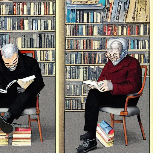 Prompt: detailed pictures a old man read manga while sitting on his library in the style of banksy and alex ross