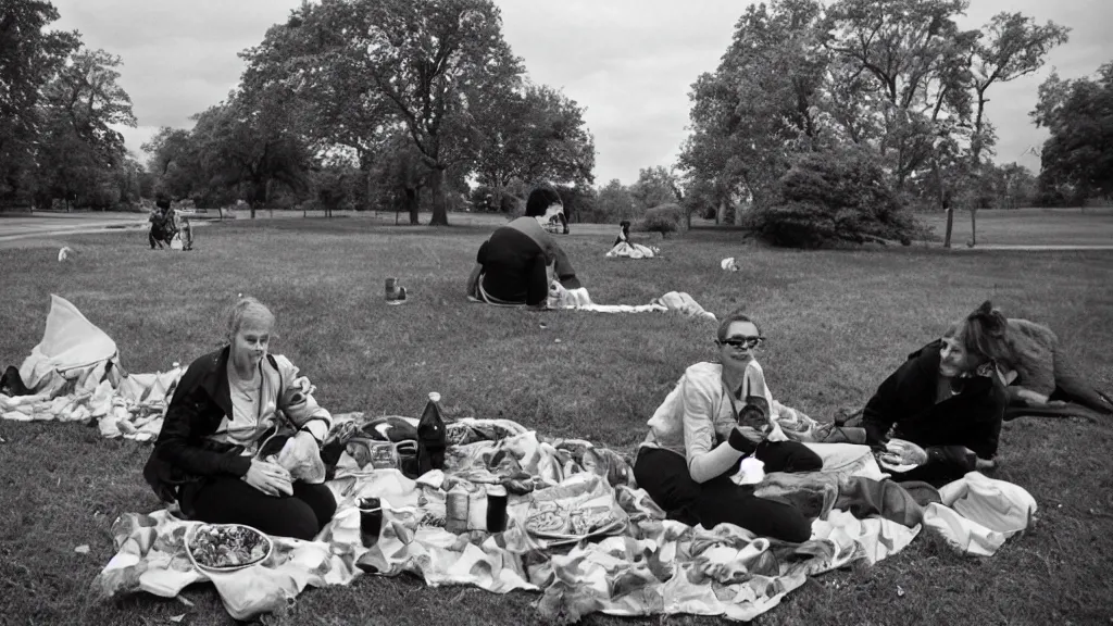 Image similar to climate change catastrophe, as seen by a couple having picnic in the park, 35mm