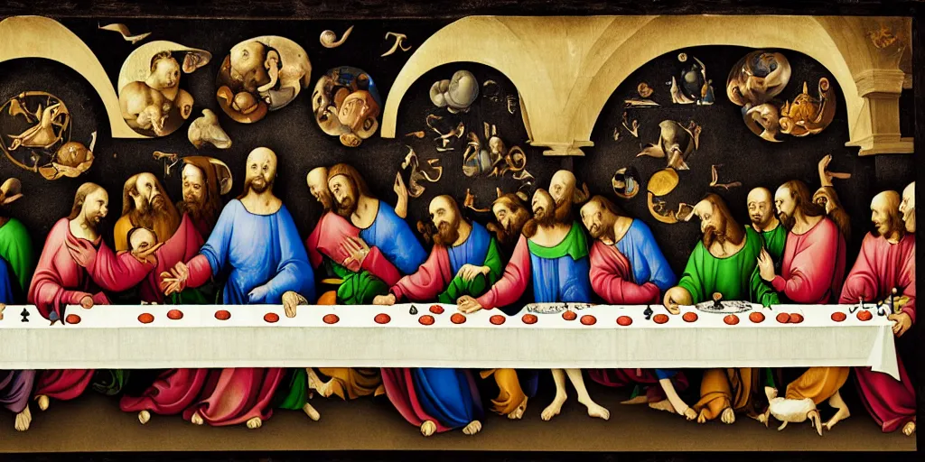 Image similar to multilayer last supper full color gradient pattern of escher style 3 6 0 panorama with hieronymus bosch style bubbles, unfinished, very detailed