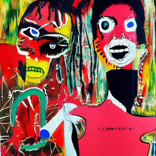 Image similar to acrylic painting of two bizarre psychedelic goth women kissing in japan in summer, speculative evolution, mixed media collage by basquiat and jackson pollock, maximalist magazine collage art, sapphic art, psychedelic illustration