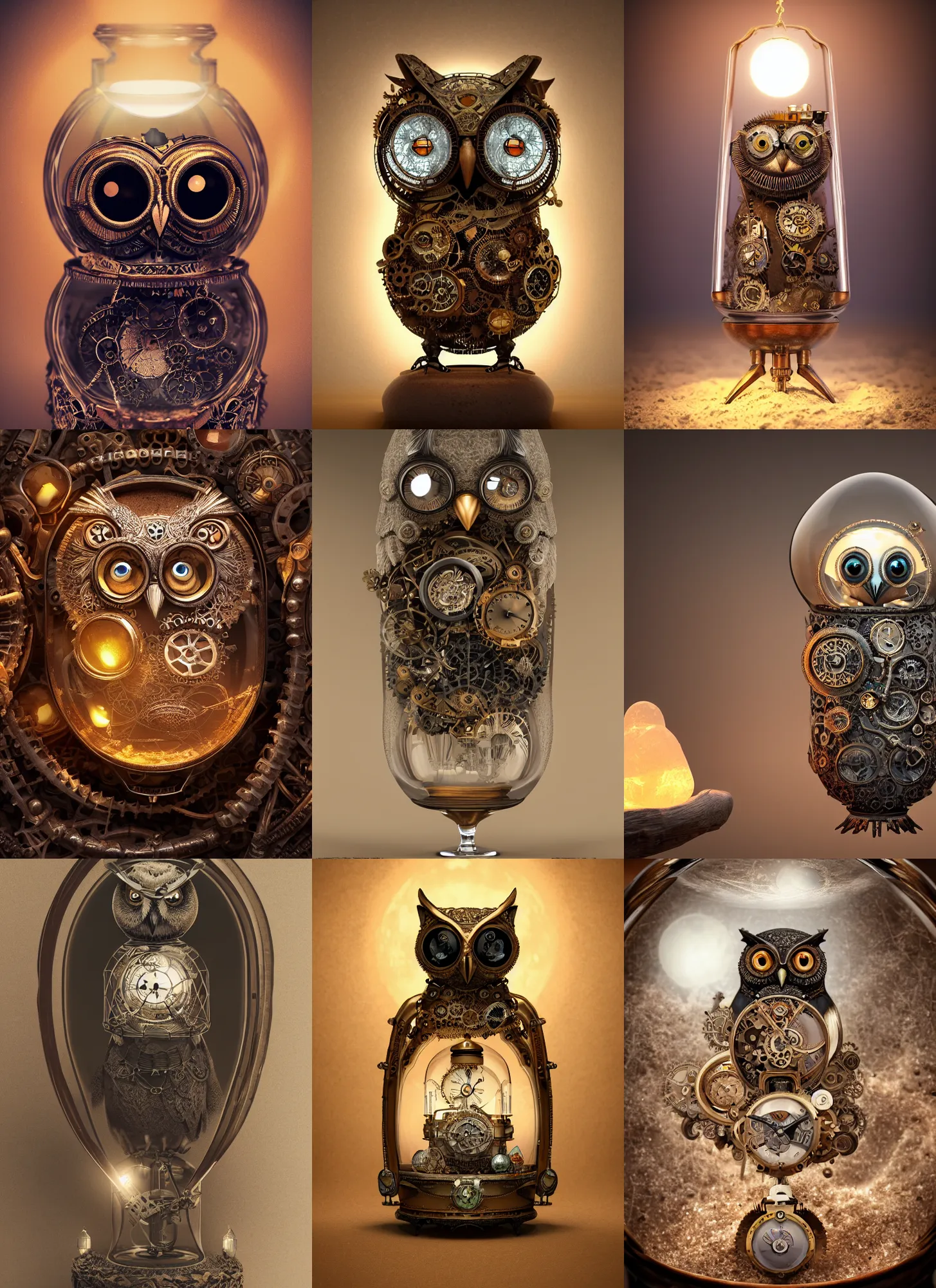 Prompt: steampunk owl inside a glass ja r buried in sand, hourglass, himalayan rocksalt lamp, intricate detail, hyper detailed, ultra realistic, sharp focus, octane render, lantern, volumetric, ray tracing, artstation trending, moon, flowery, pocketwatch, cgsociety, sense of awe, mystical, moon, 4 k