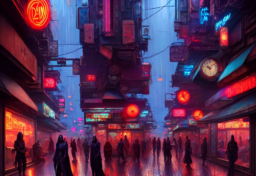 Prompt: a highly detailed bazaar street in the cyberpunk megacity of new washington, amazing cyberpunk digital painting, by gerald brom, brom digital art, intricate details, ultra realistic, beautiful art, volumetric lighting, ultra realistic, by art germ, by brom, trending cgsociety, artstation, rim lighting, cool neon lights, crowded, 8 k