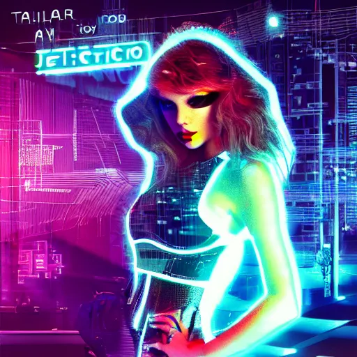 Image similar to a cyberpunk style album cover for a Taylor Swift electro pop album