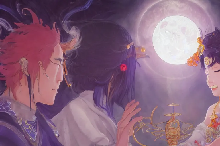 Image similar to close up moment of a divine a japan sun god and a moon goddess lovers magician at a wedding banquet, highly detailed, d & d, fantasy, 4 k realistic, digital painting, trending on artstation, concept art, sharp focus, illustration, art by makoto shinkai and akihiko yoshida and daniel gerhartz