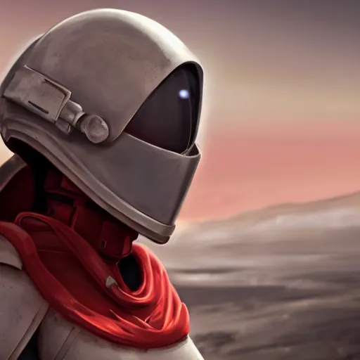 Image similar to a young female soldier, no makeup, wearing glossy sleek white bloodstained dinged scuffed armor and a long torn red cape, heroic posture, determined expression, elegant, no helmet, on the surface of mars, dramatic lighting, cinematic, sci-fi, hyperrealistic, detailed