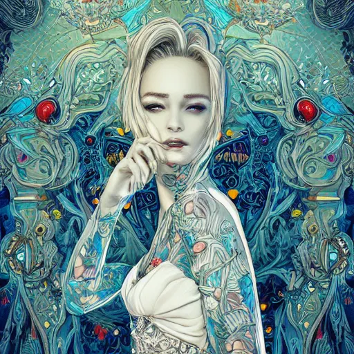 Prompt: the most ridiculously beautiful and elegant woman ever imaginable, an ultrafine detailed illustration by james jean, final fantasy, intricate linework, bright colors, behance contest winner, vanitas, angular, altermodern, unreal engine 5 highly rendered, global illumination, radiant light, detailed and intricate environment