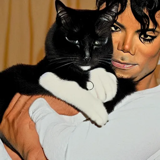 Prompt: 2009 this is It Michael Jackson taking care of a Black cat with yellow eyes, rare