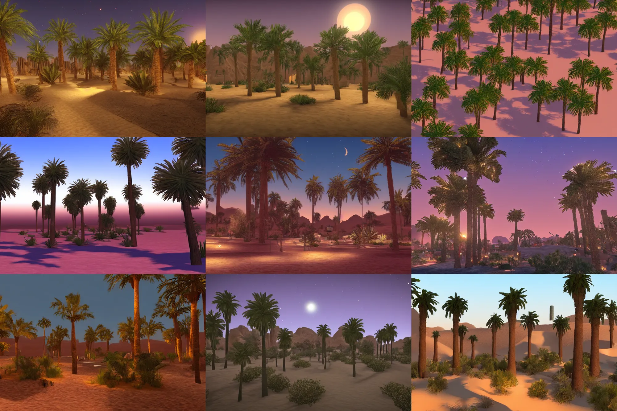 Prompt: Desert City, A small oasis, palm trees; night; Source Engine