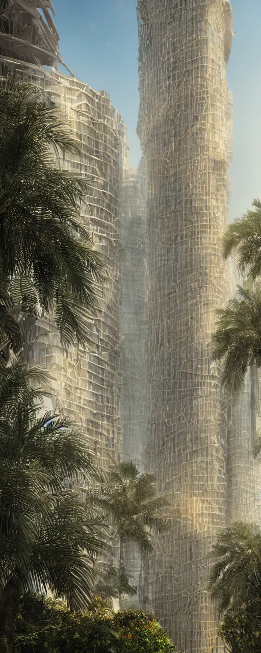 Image similar to photorealistic photo a contemporary babylon tower, golden details, stone facade, sacred geometry architecture, cascading highrise, arid mountains with lush palm forest, sunlight, post - production, octane, cgi, sfx