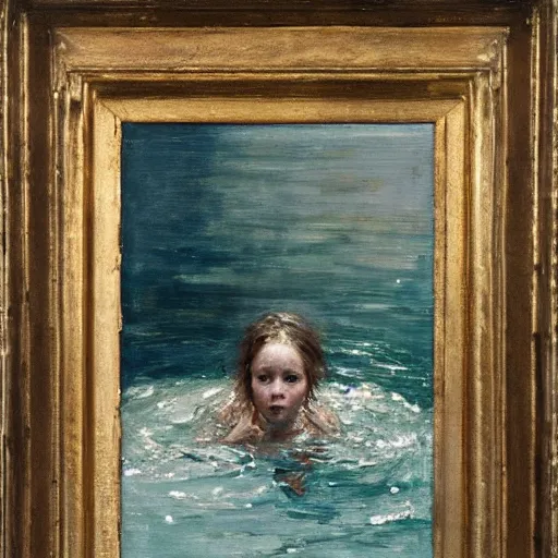 Image similar to Young Sissy Spacek swimming by Jeremy Mann, stylized, detailed, realistic, one inch thick, heavy impasto,loose brush strokes, simple, wholesome, earthy tones, touch of gold leaf