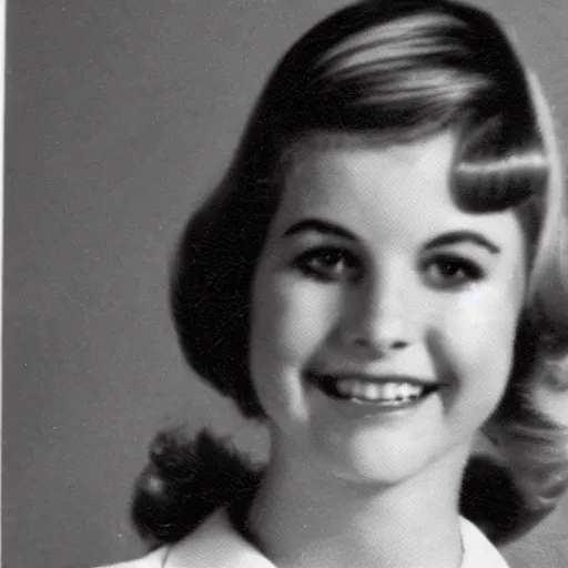 Prompt: a yearbook photo of Betty Cooper in the 1960s, she has bangs and a ponytail