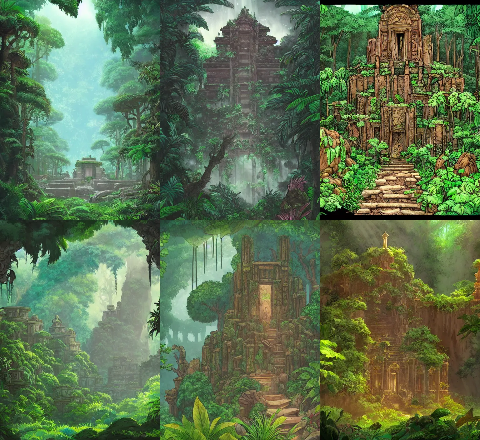 Prompt: the ruins of a temple in a lush jungle, in the style of studio ghibli, dramatic, fantasy lighting,