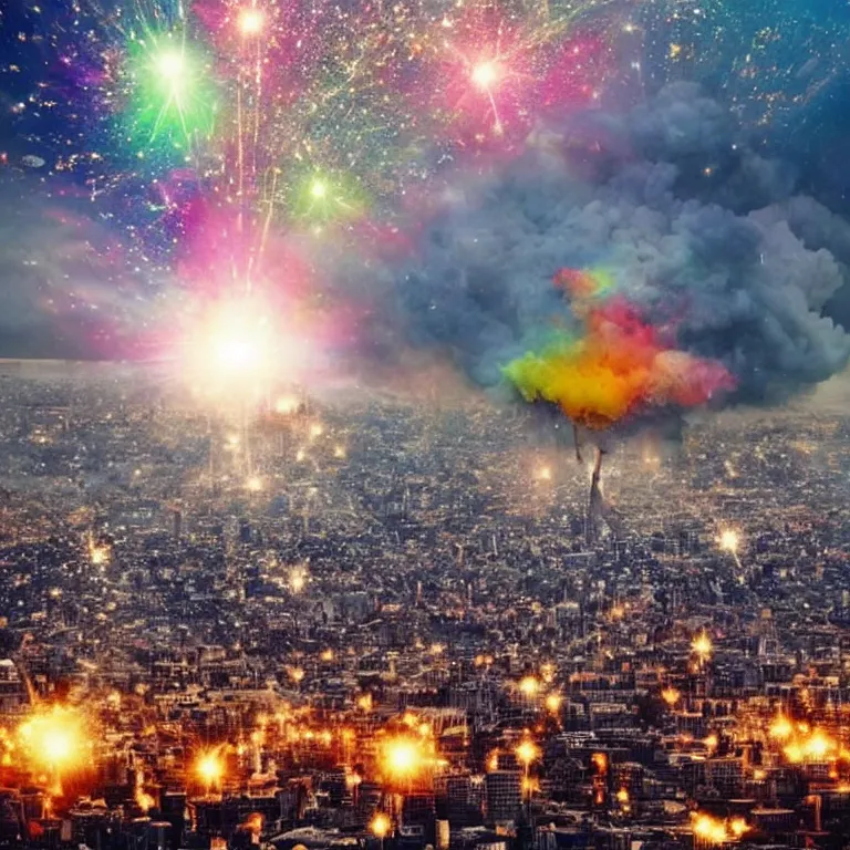 Image similar to huge glitter bomb explosion above city, mushroom cloud, flash illuminating city