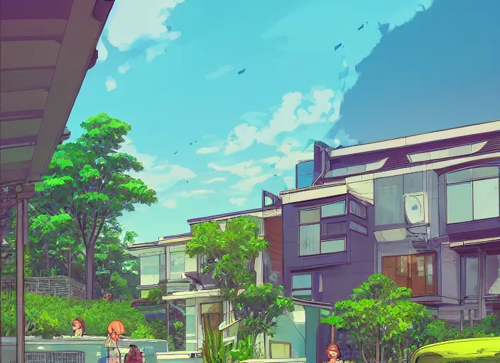 Image similar to digital illustration of idyllic suburban neighborhood with rooftop gardens and sustainable energy initiatives + single family homes : : modern architecture by makoto shinkai, ilya kuvshinov, lois van baarle, rossdraws, basquiat | afrofuturism, in the style of hearthstone, trending on artstation | cool color scheme