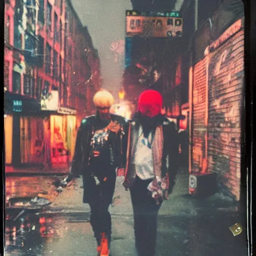 Image similar to polaroid of punks on the lower east side, colorful, nighttime, raining!