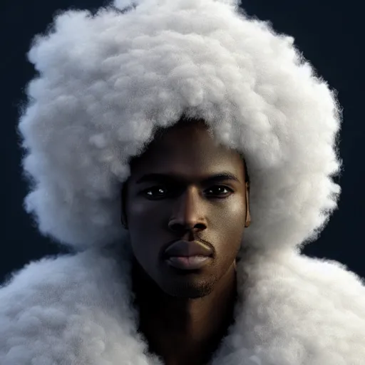 Prompt: beautiful 3D rendered fictional black character, his head is made of fluffy clouds, wearing white suit, realistic, 8k, 4k, unreal engine, by Antoni Tudisco, artstation