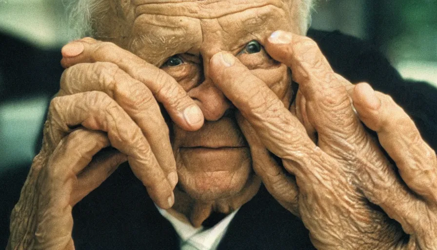 Image similar to 7 0 s movie still of a old man with trypophobia hand, cinestill 8 0 0 t 3 5 mm eastmancolor, heavy grain, high quality, high detail