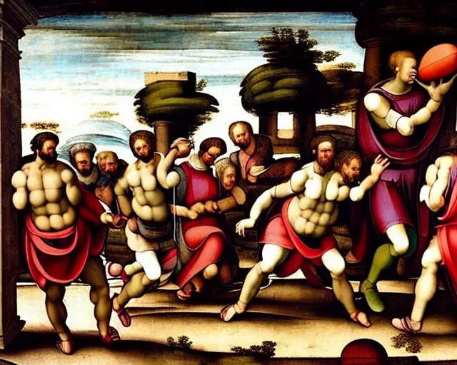 Prompt: “people in ancient greek clothes playing football, landscape zoomed out, renaissance painting by Michelangelo, 8k, hyperdetailed, ultra detail, UHD, high quality”