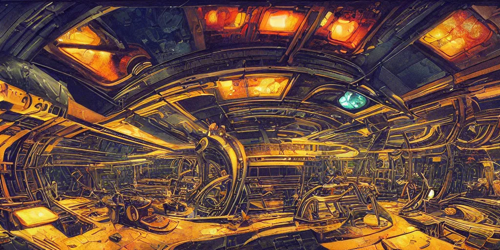 Image similar to wide shot, interior of an alien spaceship, futuristic, surrealism, sci - fi, heavy machinery, humanoids working, neon tubes crepuscular rays, ray tracing, by patrick woodroffe and mike worrall