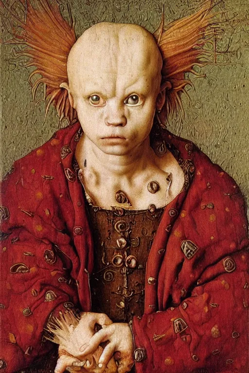 Image similar to portrait cute humanoid axolotl, oil painting by jan van eyck, northern renaissance art, oil on canvas, wet - on - wet technique, realistic, expressive emotions, intricate textures, illusionistic detail