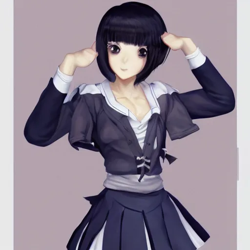 Image similar to luxury advertisement, astonishing portrait of a very beautiful anime schoolgirl with black bob hair, full perfect face, she is dancing. Realistic, highly detailed background, artstation, 120 degree view, drawn by Sasoura, Satchely and Akihiko Yoshida, no distortion
