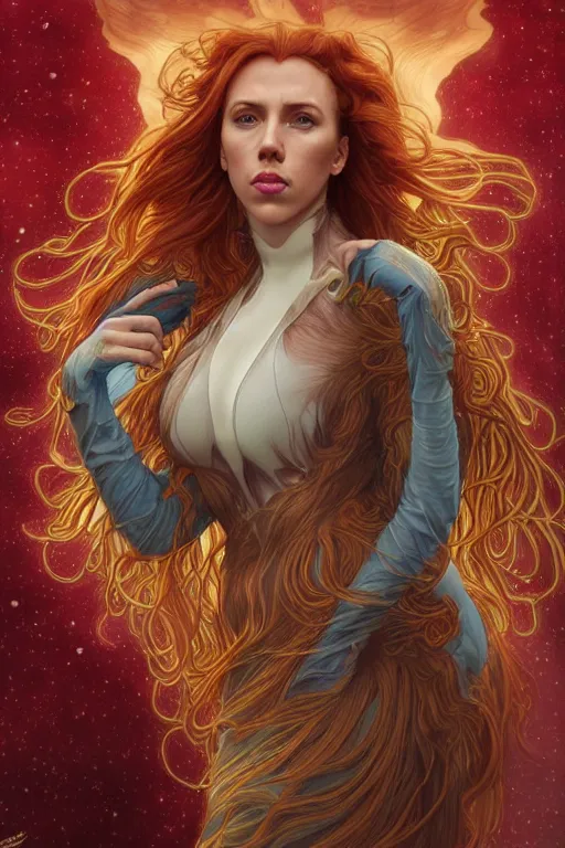 Image similar to celestial anthropomorphic irish setter scarlett johansson, by artgerm and yoshitaka amano and moebius and alphonse mucha, hyperdetailed, dc comics, ornate, nebula, explosions in the sky, trending on artstation