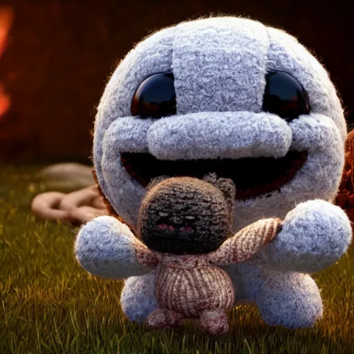Prompt: cute fluffy sackboy cuddling a woolen earth, magical sparks flying around it in circles, 3d rendered, Ultra HD