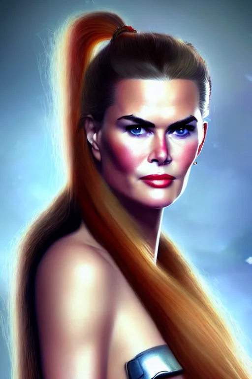 Image similar to mix of beautiful young maria shriver, mariel hemmingway, brooke shields, nicole kidman and elle macpherson as a young amazon warrior, thin lips, hair tied up in a pony tail, dark blonde hair, colorful, artstation, cgsociety