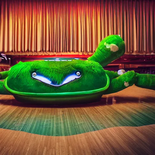 Image similar to cinematic photo of a giant taxidermized furry green crab in a bowling alley