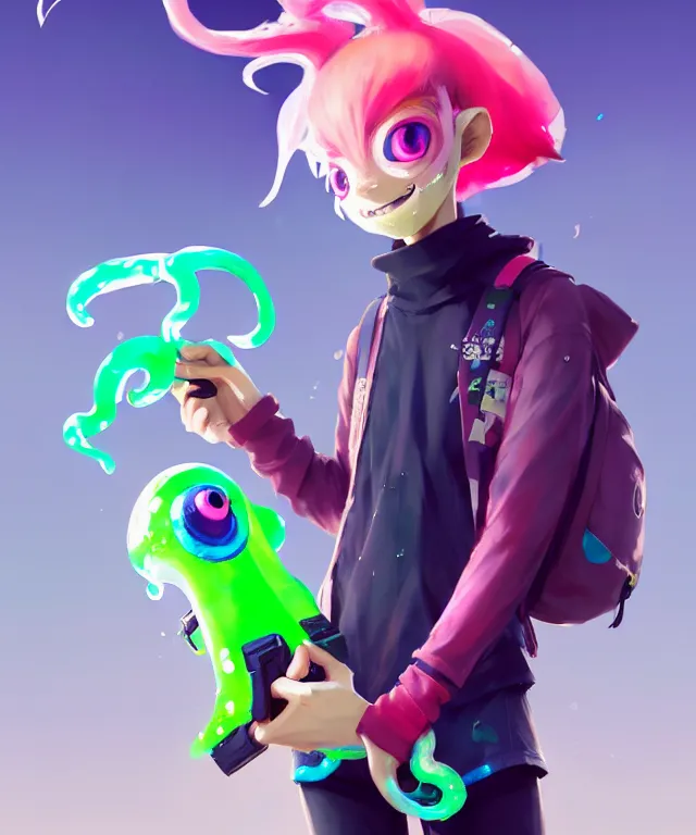 Prompt: a beautiful fullbody portrait of a cute splatoon anime boy with pink hair and green eyes wearing sports clothing leggings. character design by cory loftis, fenghua zhong, ryohei hase, ismail inceoglu and ruan jia. artstation, volumetric light, detailed, photorealistic, fantasy, rendered in octane