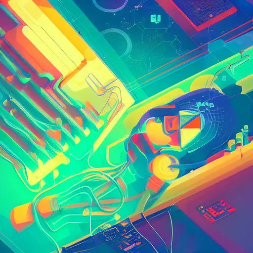 Prompt: an artificial intelligence dreaming, electronic brain, computer parts, dreamy, vibrant colors, by petros afshar and anton fadeev