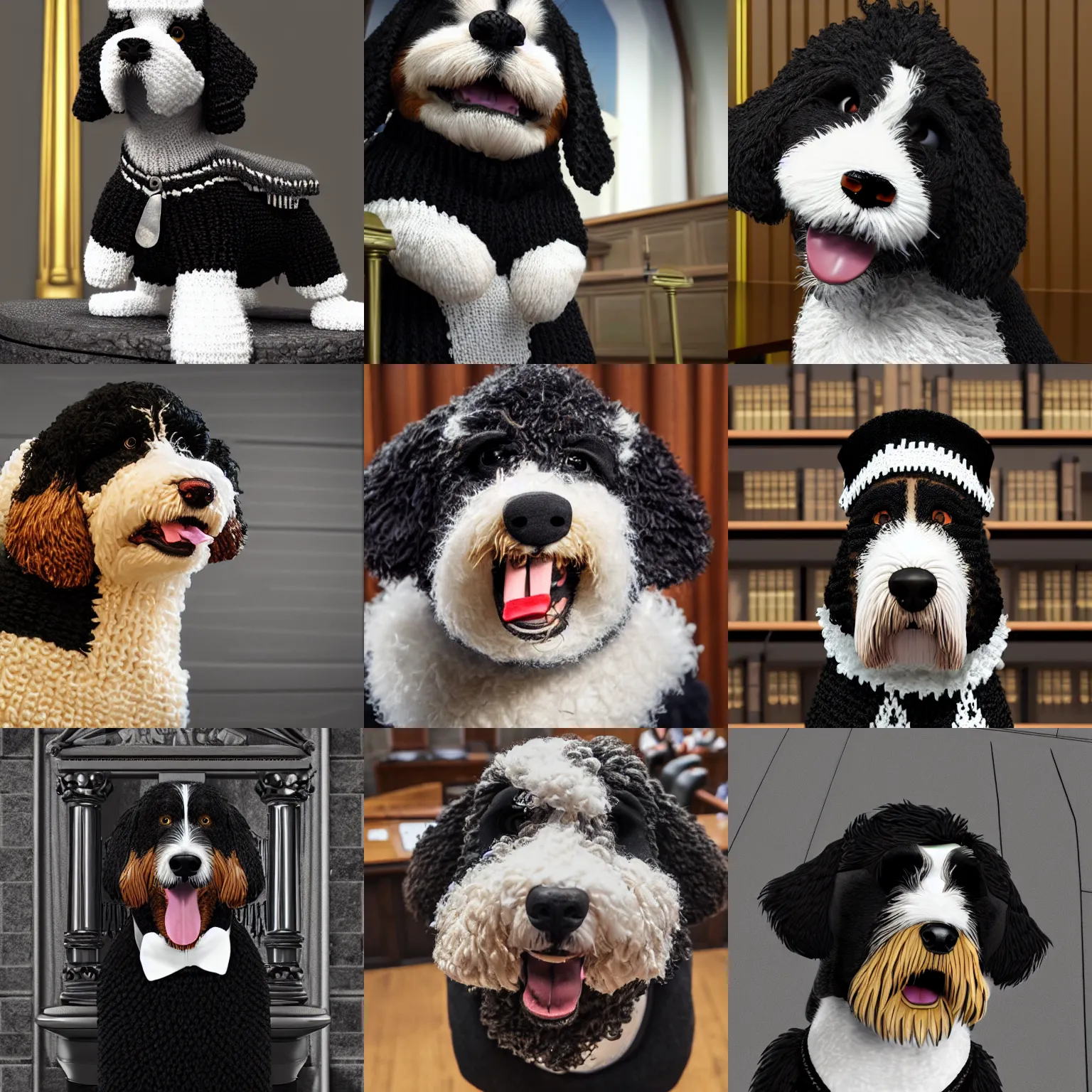 Prompt: a closeup photorealistic illustration of a smiling knitted bernedoodle judge dog dressed in a black gown, presiding over the courthouse. scales of justice and a gavel themed room. this 4 k hd image is trending on artstation, featured on behance, well - rendered, extra crisp, features intricate detail, epic composition and the style of unreal engine.