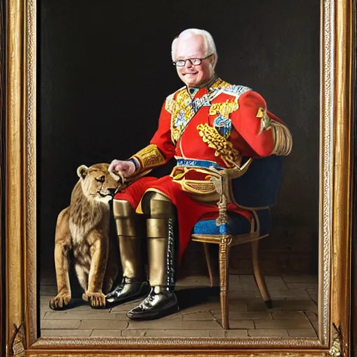 Image similar to Swedish king Carl XVI Gustaf with his pet lion, smoking a cigar, professional oil painting, highly detailed, renaissance