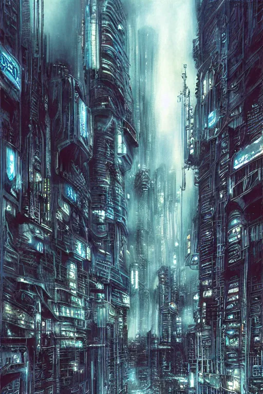 Prompt: dreamwave cyberpunk city, painted by luis royo