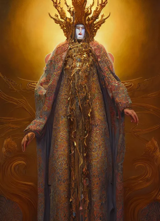 Image similar to slender high priest in a ornate heavy robe, eclesial headpiece, by james jean, karol bak, tomasz alen kopera, cgsociety and fenghua zhong, highly detailed, rim light, cinematic lighting, illustration, art, octane render, very coherent, cinematic, hyper realism, high detail, octane render, 8 k