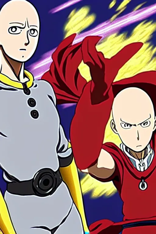 Image similar to baking saitama one punch man, with french baguette, anime artwork