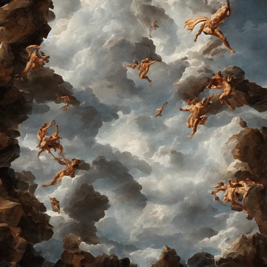 Image similar to a digital painting of Zeus descending from mount Olympus