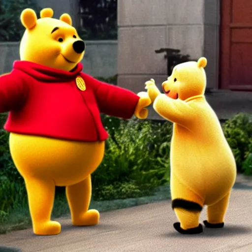 Image similar to an award winning cinematic still of Xi Jinping as Winnie the Pooh, 16k photograph