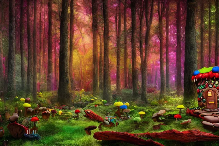 Prompt: deep colorful moody forest made of candy, lollipop trees, cotton candy bushes, big colorful rock candy boulders, gumdrop mushrooms, chocolate creek, gingerbread house. dark mood. mysterious realistic painting. photo collage, highly detailed, cinematic, hyperrealistic, artstation, dramatic lighting, god rays, clean crisp graphics, smooth sharp focus, extremely detailed