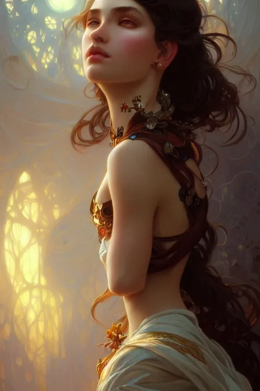 Prompt: Portrait of astonishingly beautiful girl, face, fantasy, intricate, elegant, highly detailed, digital painting, artstation, concept art, smooth, sharp focus, illustration, art by artgerm and greg rutkowski and alphonse mucha