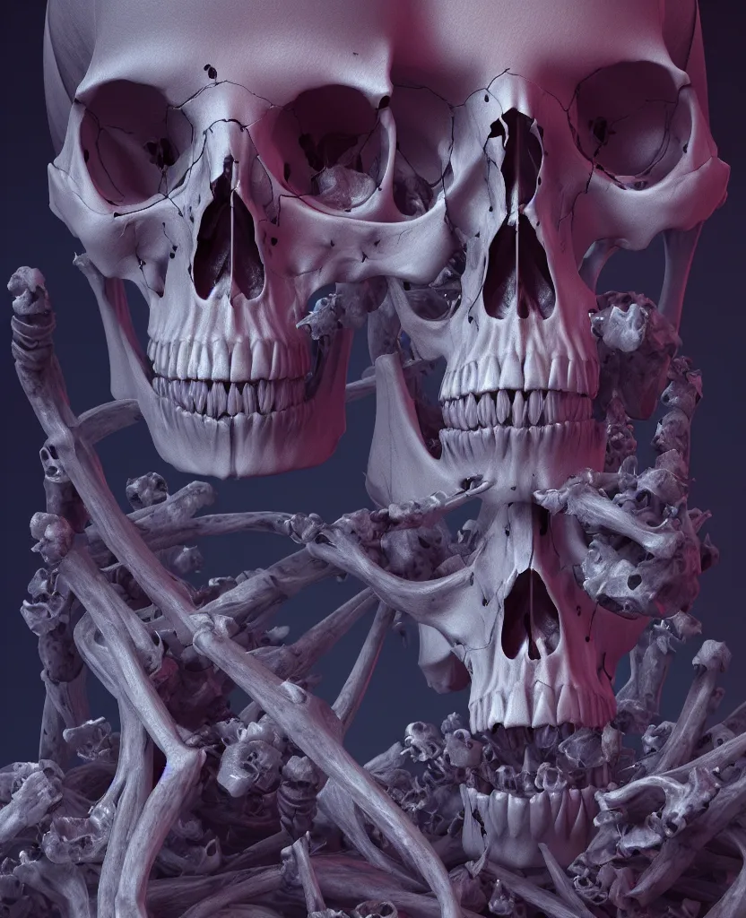 Image similar to composition of human skulls, animals skulls, bones, rib-cage and orchids, bioluminiscent, by Tooth Wu and wlop and beeple. octane render, trending on artstation, greg rutkowski very coherent symmetrical artwork. cinematic, hyper realism, high detail, octane render, 8k