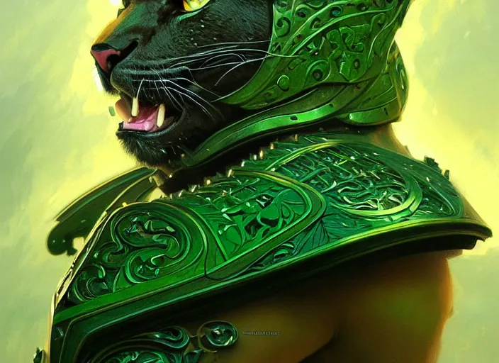 Prompt: portrait of a green panther, d & d, armour! fantasy, intricate, elegant, highly detailed, digital painting, artstation, concept art, smooth, sharp focus, illustration, art by artgerm and greg rutkowski and alphonse mucha