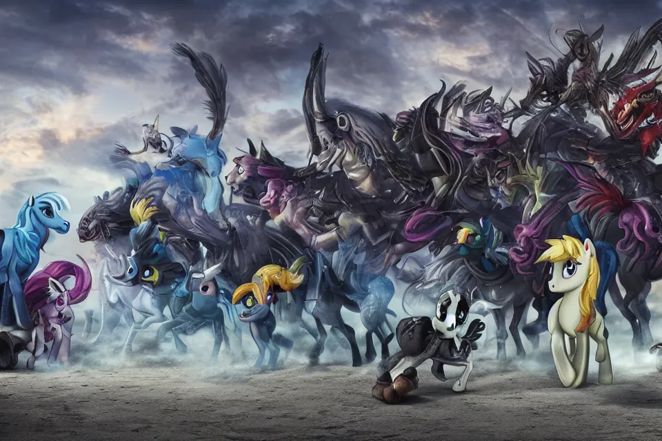 Image similar to My Little Pony As Demons From Hell, creatures with tanks, motorcycles, and advanced technology, in a beachfront environment, luxury concept cars in background, beautiful aesthetic, photorealistic, hyperrealistic, octane render, HDR, IG Studios Anime Style