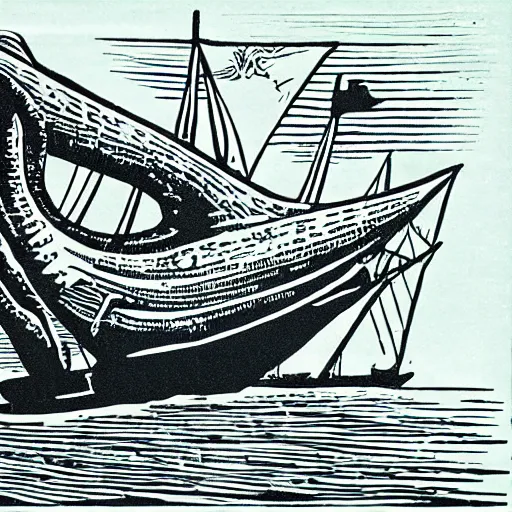 Image similar to linocut illustration of a giant squid attacking an old sailing ship