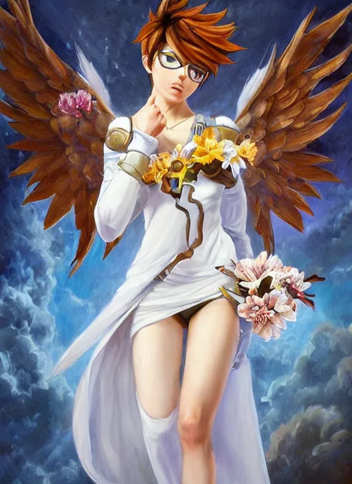 Image similar to full body oil painting of tracer overwatch in the style of sophie anderson, angel wings, white dress, dramatic painting, symmetrical composition, ornate, high detail, gold detailed collar, blooming, lights, flowers,