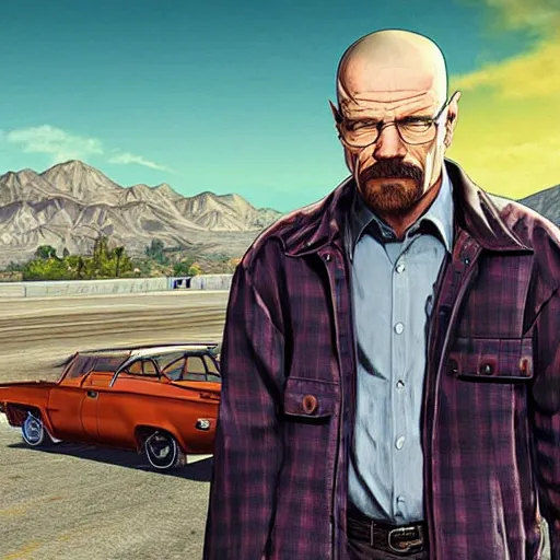 Prompt: walter white on the gta 5 cover art.