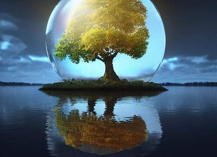 Prompt: glowing transparent crystal ball emerging from a beautiful lake, radiant light, tree of life inside the ball, intricate details, reflections on the water, ripples, moody sky, hyperdetailed illustration by mark brooks, by yuumei, unreal engine 5, low light